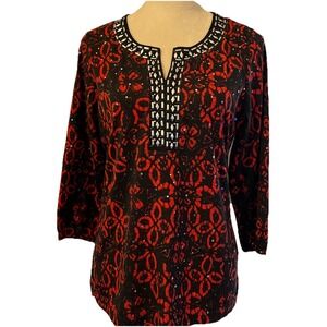Cathy Daniels Top SMALL Black Red Embellished 3/4 Sleeve